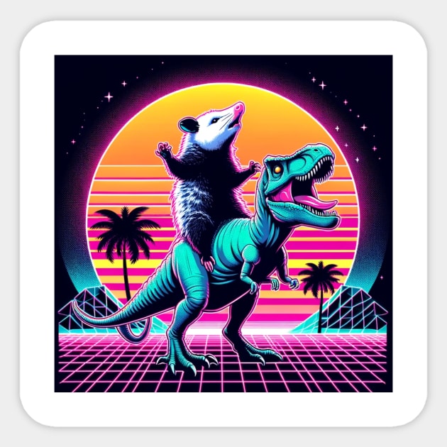 Weird Funny Opossum, Retro Synthwave, Riding T-Rex Dinosaur, Dark Humor Possumcore Sticker by ThatVibe